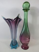 Large art glass bottle and vase the tallest measures 19.5".