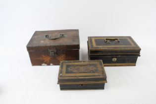 Antique Metal Cash Tin Boxes Inc Milners Safe, Brass Handle, Painted Etc x 3 549212