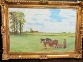 Original large framed oil on board signed J R Osgerby 1984 'Spring Rolling'   Measures  36 x 25 inch