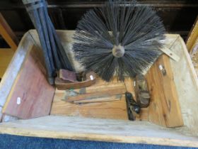 Wooden Trug which measures 13 inches long with assorted vintage tools plus chimney/drain rods. See p