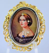 Victorian Revival CZ Jewel set minature portrait pendant/brooch set in an 18ct Yellow Gold Mount. It