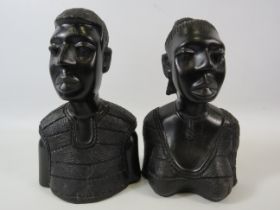 Pair of African hand carved ebonised wood busts, approx 7.5" tall.