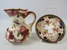 Small Masons Mandalay red jug and a Royal Crown Derby saucer in the 3788 pattern.