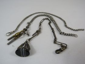 3 Sterling silver watch chains and a banded agate cricket fob.