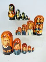 Three wooden nesting dolls, Nirvana, Led-Zeppelin, Kiss. Brand new and unused American Imports. Ea