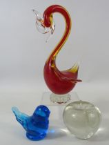 Murano art glass bird 8.5" tall plus a signed blue bird paperweight and a glass apple.