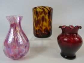 Tortoise shell art glass beaker plus 2 art glass vases.