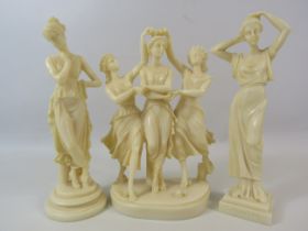 3 Greek resin figurines including the three graces the tallest measures 9 3/4" tall.