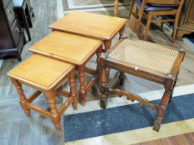 Nest of three pine stacking tables. Largest is H:19 x W:22 x D:16 Inches plus an Oak Bergere topped