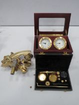 Brass sextent, Set of travel scales and a Danbury desk top clock and thermometer.