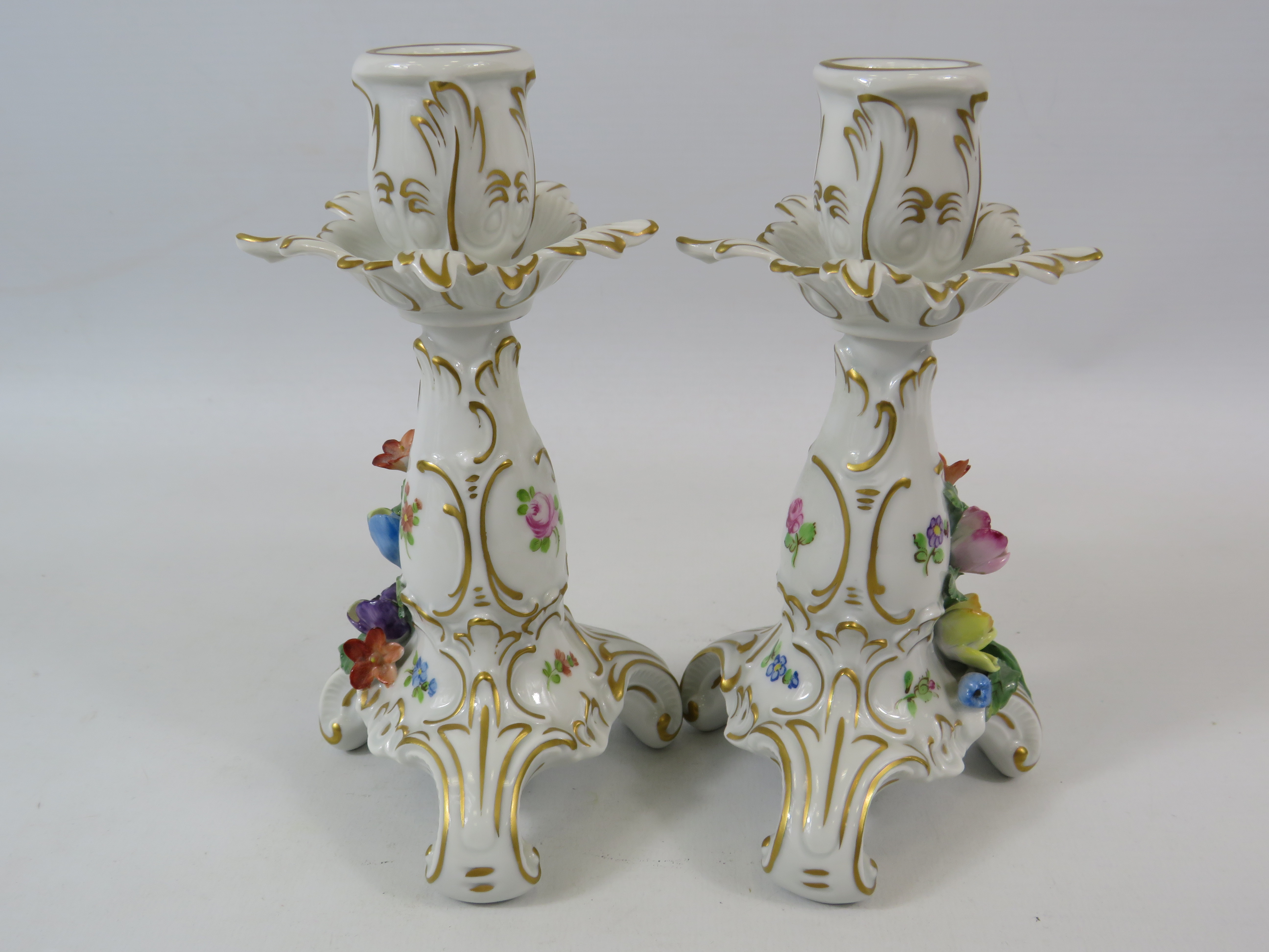 Pair of Carl thieme Dresden porcelain candlesticks approx 6 3/4" tall. (very very minor chip on - Image 5 of 6