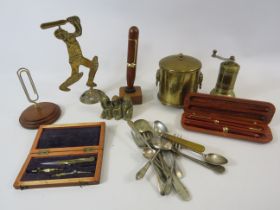 Mixed lot of desk top items, brass and vintage cutlery.