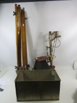 Antique microscope camera, large vintage wooden tripod and a aluminum developing tray.