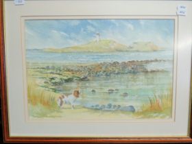 Nicely painted watercolour study of a springer spaniel by the coast with a lighthouse in the backgro