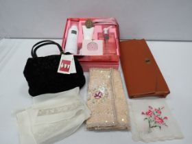 Mixed lot to include a Ritual of Sakura gift set plus one other gift, vintage handbag, scarf etc