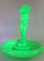 Jobling art deco Uranium Jadeite glass nude lady figurine & bowl. 11" tall. (please note there is