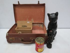 Vintage small leather suitcase and large cat figurine etc.