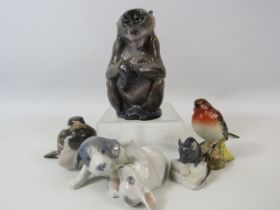 4 Royal Copenhagen figurines, Monkey, mouse, puppies and sparrow plus a Beswick Robin.