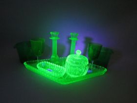 Selection of various green uranium glass.