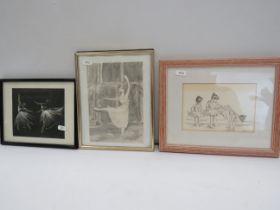 Two Hand drawn sketches of Dancers plus one print. See photos. 