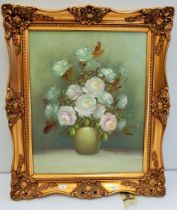 Framed Oil on Canvas, Still life titled 'Belmont Urn' Signature indistinct. Mounted in Gilt frame wh