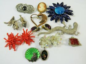 Selection of very pretty costume brooches together with a Silver and Enamel Shell brooch and Silver 