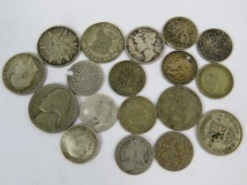Small assortment of pre 1947 UK silver coins to include some continental Silver coins. Total weight