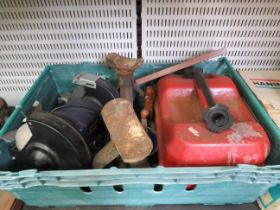 Powercraft psm-200v double wheel bench grinder, vintage petrol can etc.