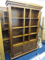 Large dark hardwood estate cabinet with two lower cuboard doors and a bank of three central small dr