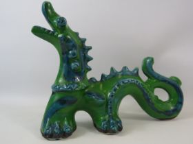 Rare David Sharp Rye pottery Dragon sculpture in a green and blue glaze, 10.5" tall and 15" long.