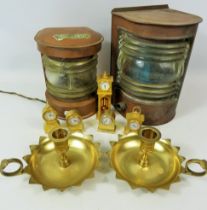 Brass ship lamps, candlesticks and selection of quartz mini clocks. See photos.