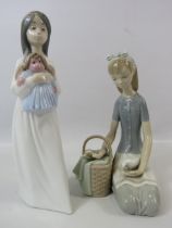 2 Nao Lladro figurines, a girl with a doll and a girl with a basket of flowers and a bird the