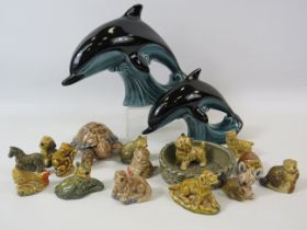 2 Poole pottery Dolphins and a selection of wade whimsies etc.