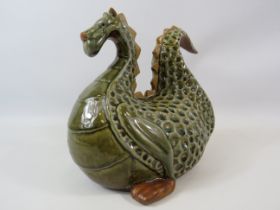 Large vintage pottery dragon 9.5" tall and 10.5" long.