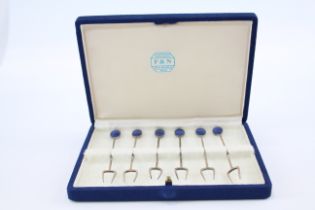 6 x Vintage Stamped .980 Continental SILVER Lapis Lazuli Olive Forks (33g) 696941