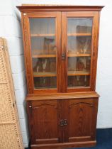 Antique pine dresser with Glazed door bookcase above. H:79 x W:42 x D:14 Inches ., see photos. S2