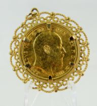 1908 full Sovereign set in a 9ct Yellow gold fancy pendant mount. Total weight 11.4g (8g@22ct plus