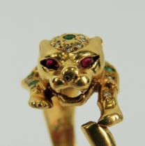 18ct Yellow Gold Ring shaped as a Big Cat, Leopard or Jaguar head and neck. Set with Diamonds, Emera