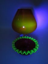 Victorian cranberry and uranium glass dish plus a Magnesium glass brandy balloon.