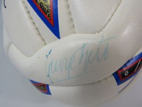 Mitre Cosmic premier league football signed by George Best, Dennis Law and Jimmy Greeves.