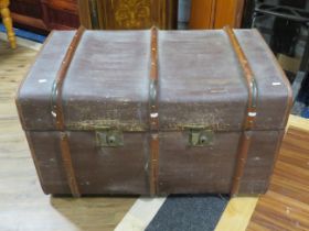 Vintage Fibreboard Steamer trunk with bent wood & metal re-enforcements. Leather side handles, Lift