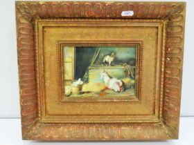 Well painted oil on board of a farmyard scene housed in an antique frame which measures 18 x 12.  No