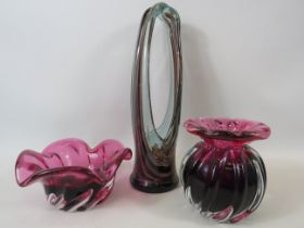 Chribska bowl and vase plus a murano tall art glass basket, 12" tall.