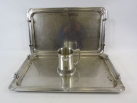 2 Art deco style metal serving trays and a Royal Selangor pewter tankard.