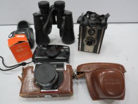 Mixed vintage camera lot including a pair of boots binoculars 10 x 50.