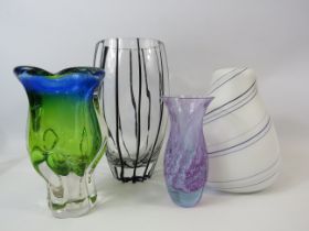 3 art glass vases and a frosted glass vintage light shade.