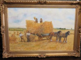 Large framed oil on board signed J R Osgerby 1984 'Bringing in the Harvest' mounted in gilt frame w