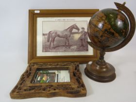 Mixed lot including a wooden world globe, framed race horse picture and a carved wood photo frame.