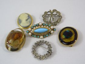 6 Vintage costume jewellery brooches.