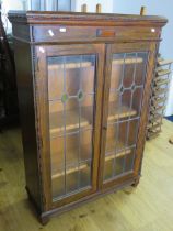 Old Oak Bookcase with leaded glazed doors with stained glass inserts.. H:45 x W:35